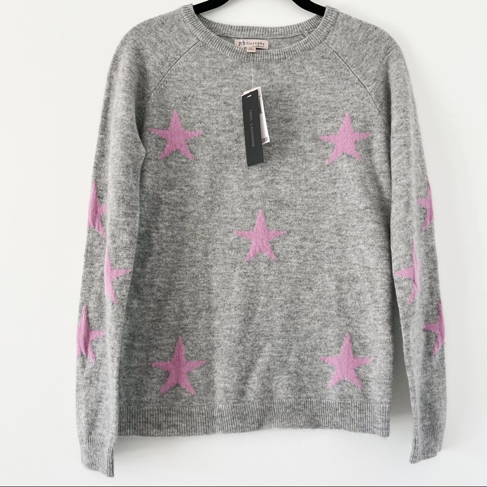 NWT Philosophy 100% Cashmere Grey and Pink Star Sweater